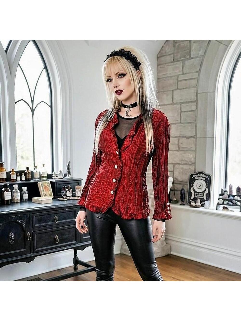 Agora red ruffle button up blouse with vertical ribbed texture